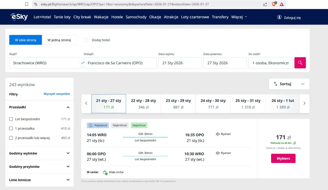 Szukasz tanich lot&oacute;w? Strona eSky pokazuje wyniki wyszukiwania lot&oacute;w z Wrocławia do Porto na styczeń 2026.