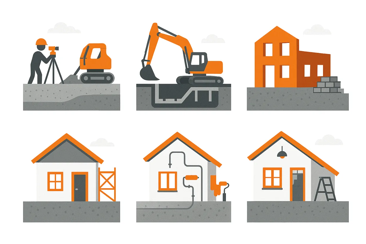 Proces budowy domu: geodeta, koparka, fundamenty, malowanie, wykończenie. Ważne, by pozwolenie na budowę było aktualne.