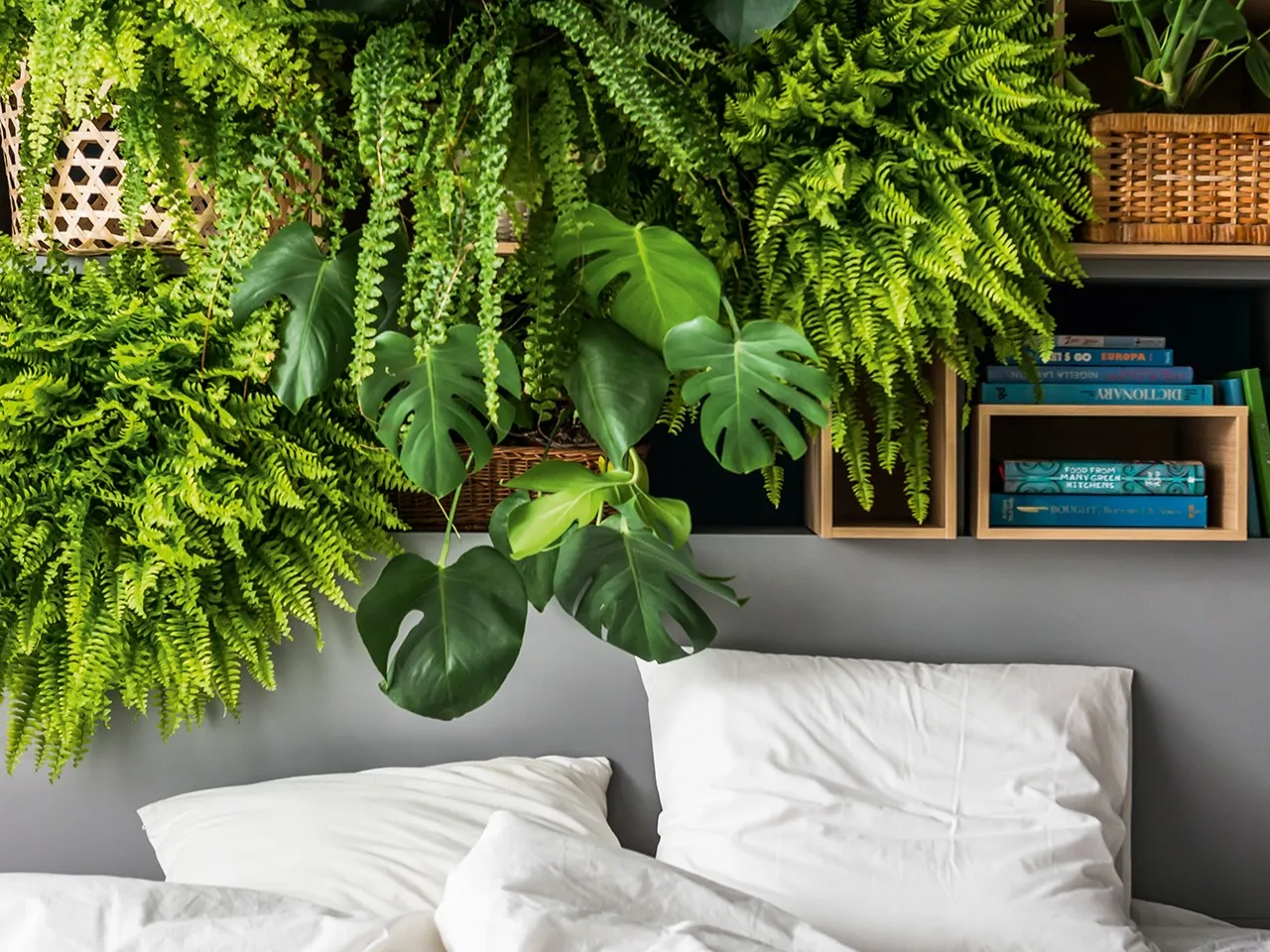 Zielona ściana z paproci i monstery, inspiracja jak zrobić kwietnik na ścianę. Obok książki na półkach.