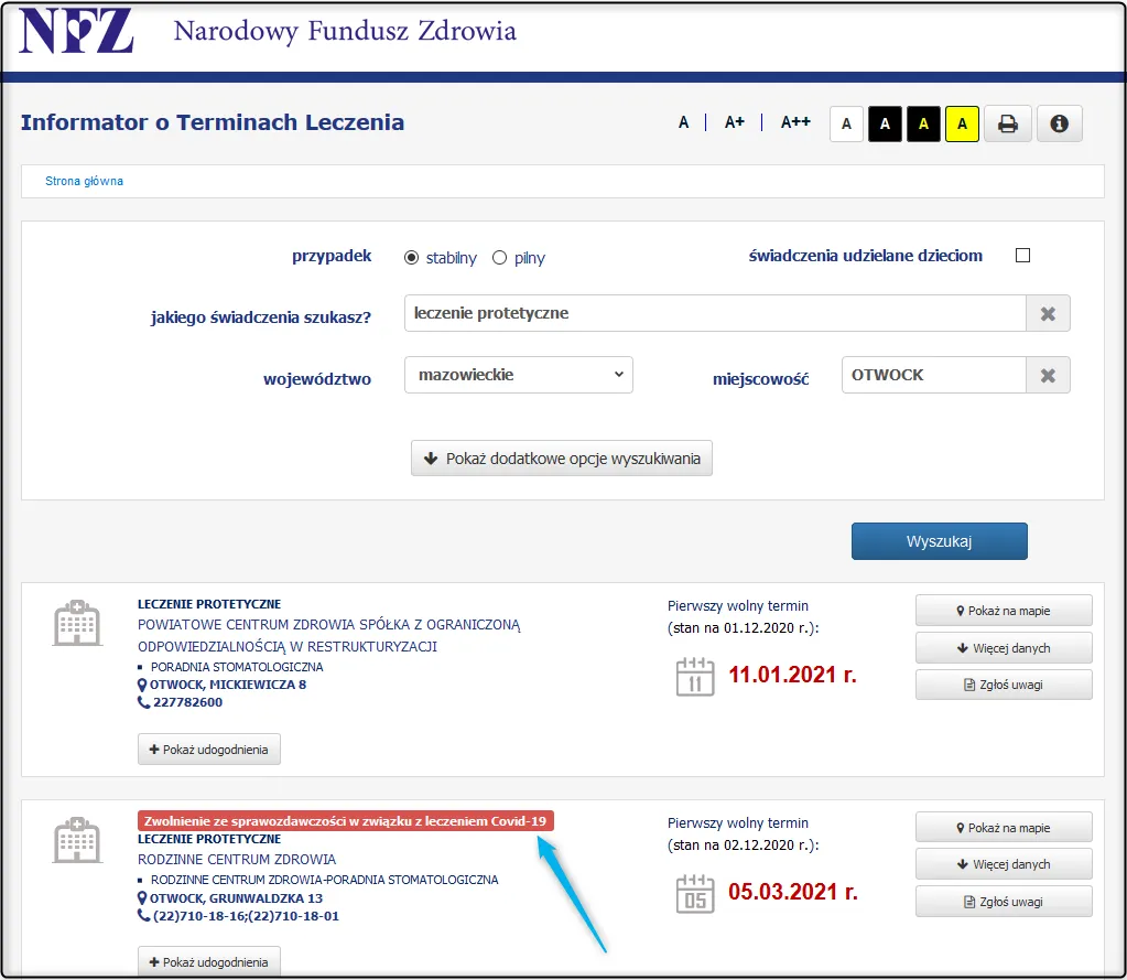 Informator o Terminach Leczenia NFZ zrzut ekranu