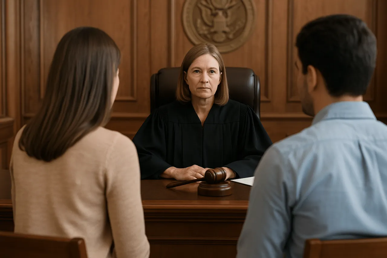 Sąd wysłuchuje stron w sprawie o alimenty. Sędzia w todze, kobieta i mężczyzna siedzą przy stole.