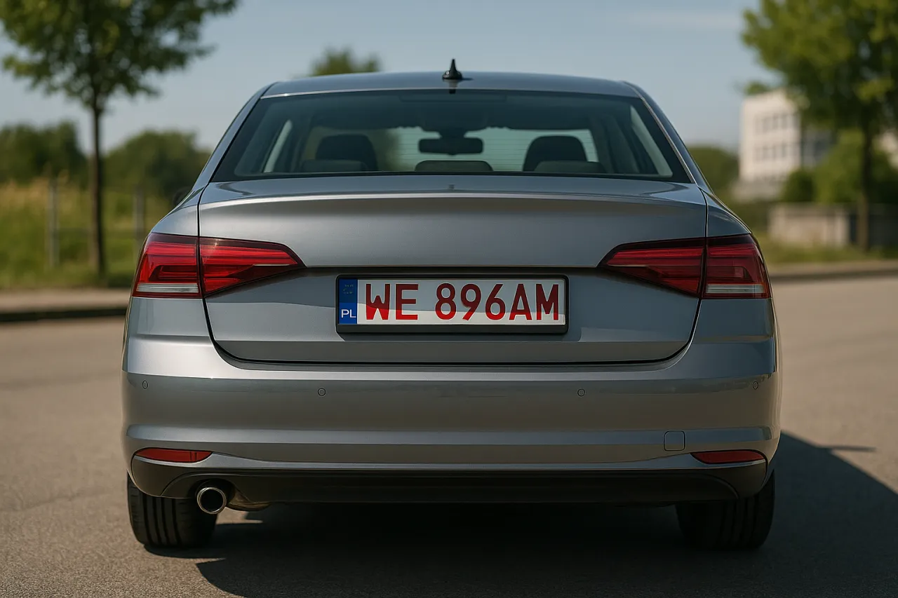 Tył szarego samochodu z tablicą rejestracyjną WE 896AM. Warto pamiętać o tymczasowych tablicach rejestracyjnych a OC.