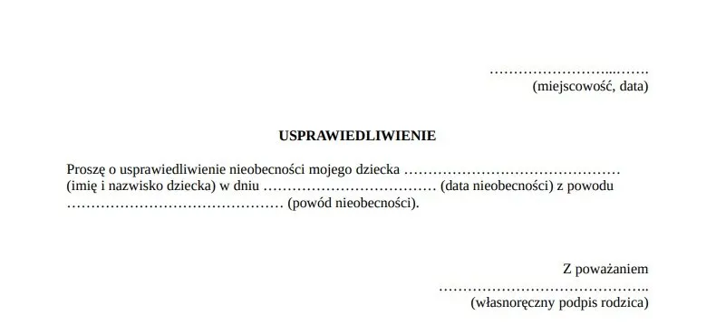 Wzór usprawiedliwienia nieobecności dziecka w szkole