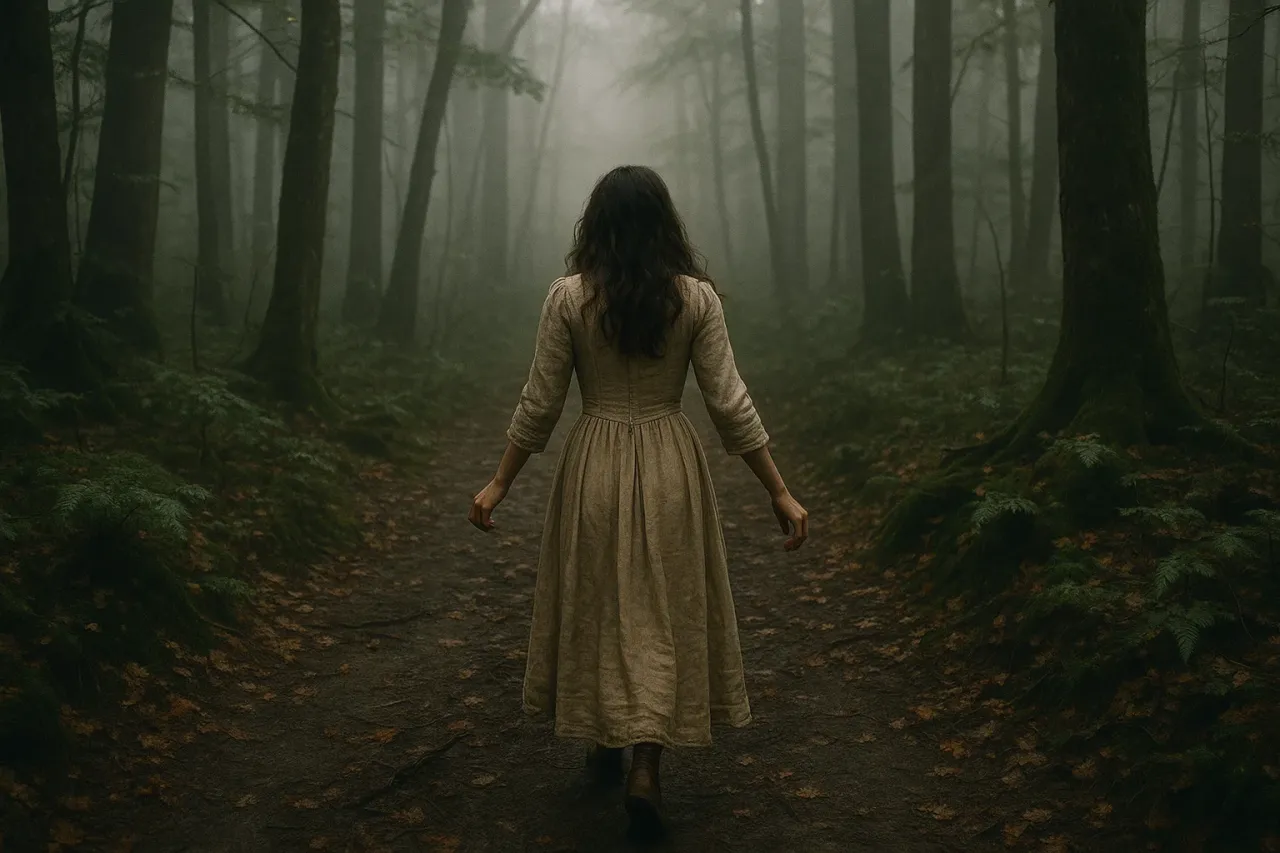 Kobieta w długiej sukni idzie ścieżką przez mglisty las. To podr&oacute;ż w głąb siebie, by odkryć, jak rozwijać intuicję.