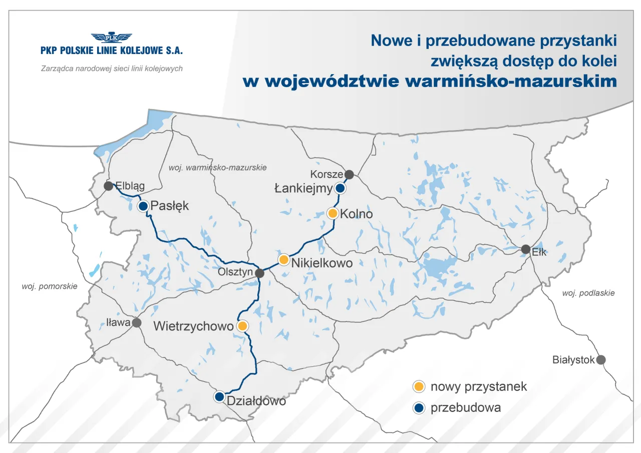 Mapa pokazuje, gdzie na Mazury pociągiem. Nowe i przebudowane przystanki zwiększą dostęp do kolei w wojew&oacute;dztwie warmińsko-mazurskim.