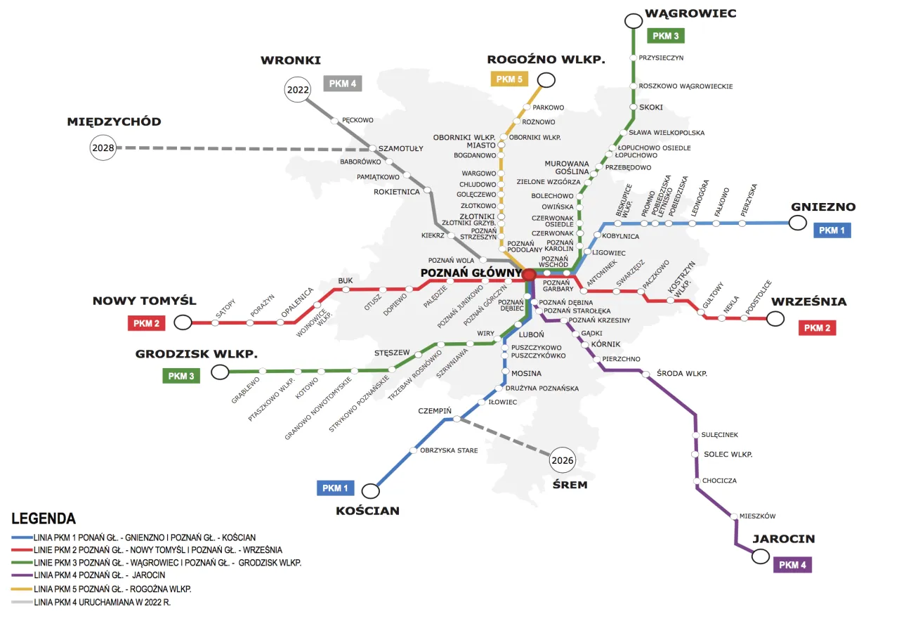 Mapa trasy kolejowej Poznań Piła