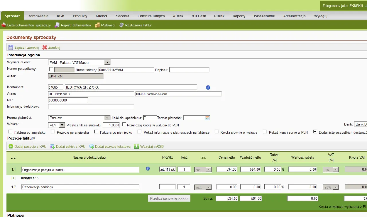 Rachunek hotelowy z wyszczególnionymi dodatkowymi opłatami