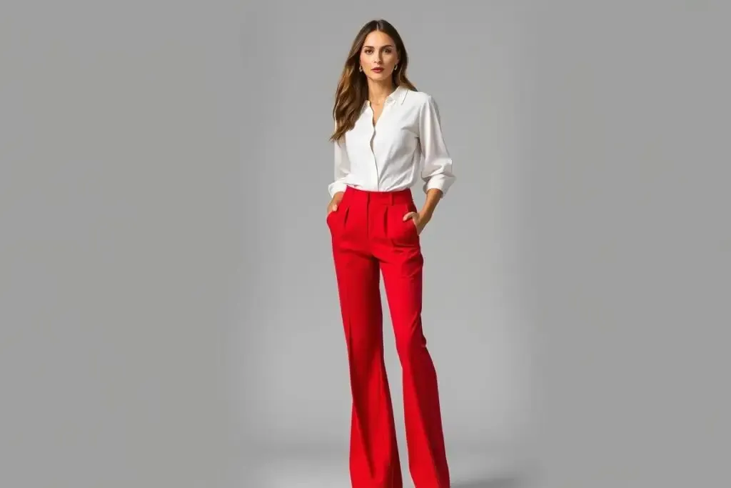 Stylizacje z czerwonymi spodniami i białymi bluzkami