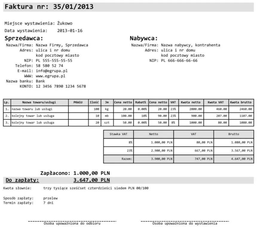 wz&oacute;r faktury 8% VAT