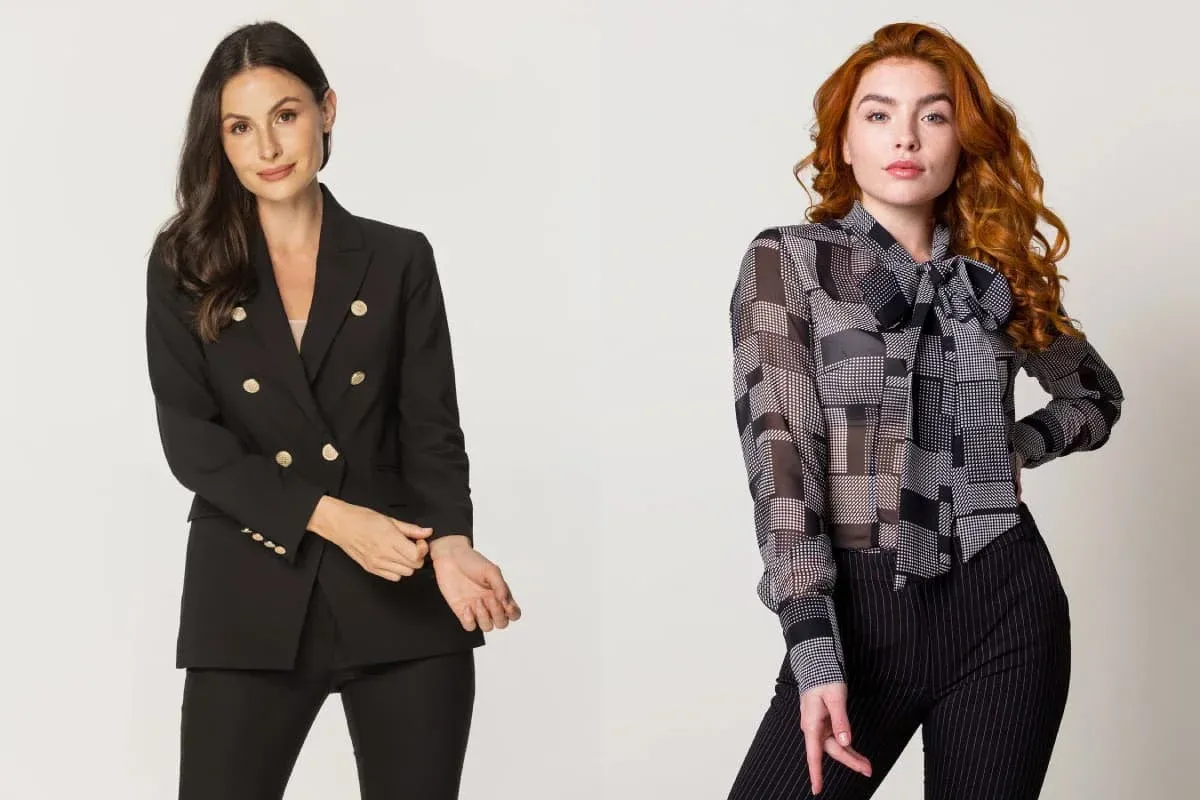 Eleganckie stylizacje, kt&oacute;re pomogą zdecydować, jak się ubrać na pogrzeb. Czarny garnitur i bluzka z kokardą.