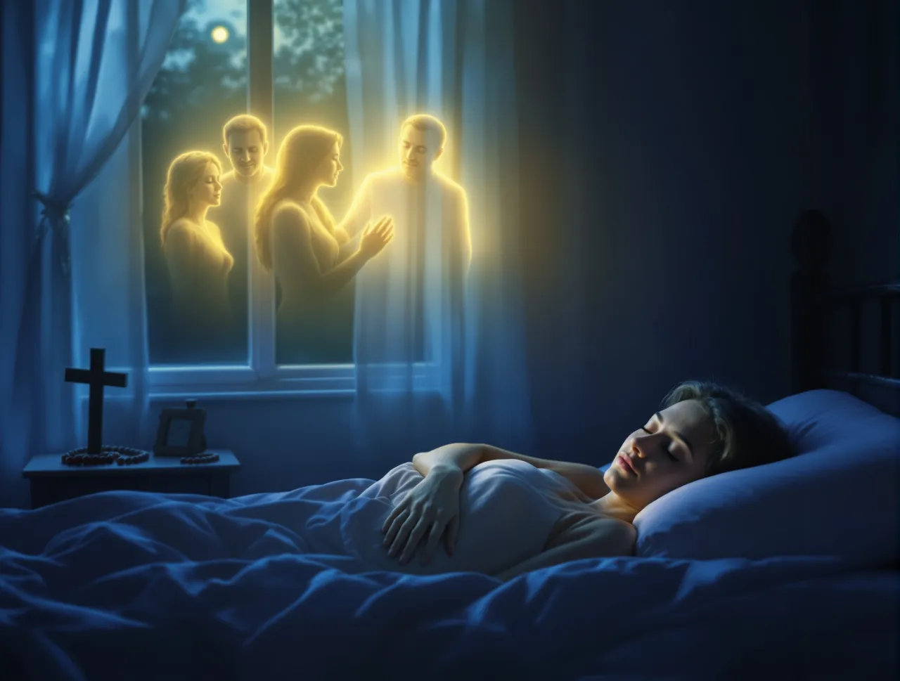 Śpiąca dziewczyna, a nad nią w oknie widnieją świetliste postacie. Czy można się modlić na leżąco, gdy czuwa się w snach?
