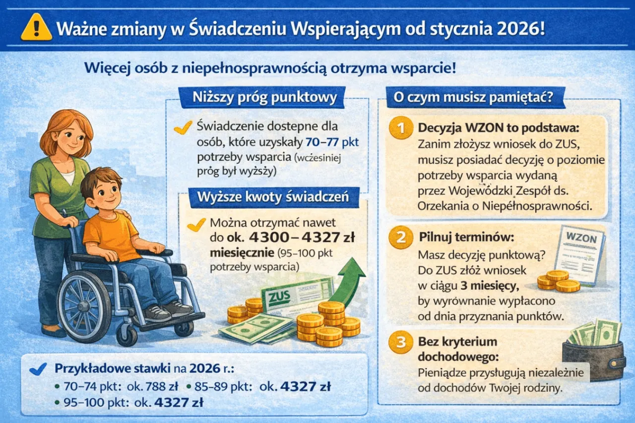 Od 2026 r. renta niepełnosprawnych może wynieść nawet 4327 zł miesięcznie. Zmiany w świadczeniu wspierającym ułatwią dostęp do pomocy.