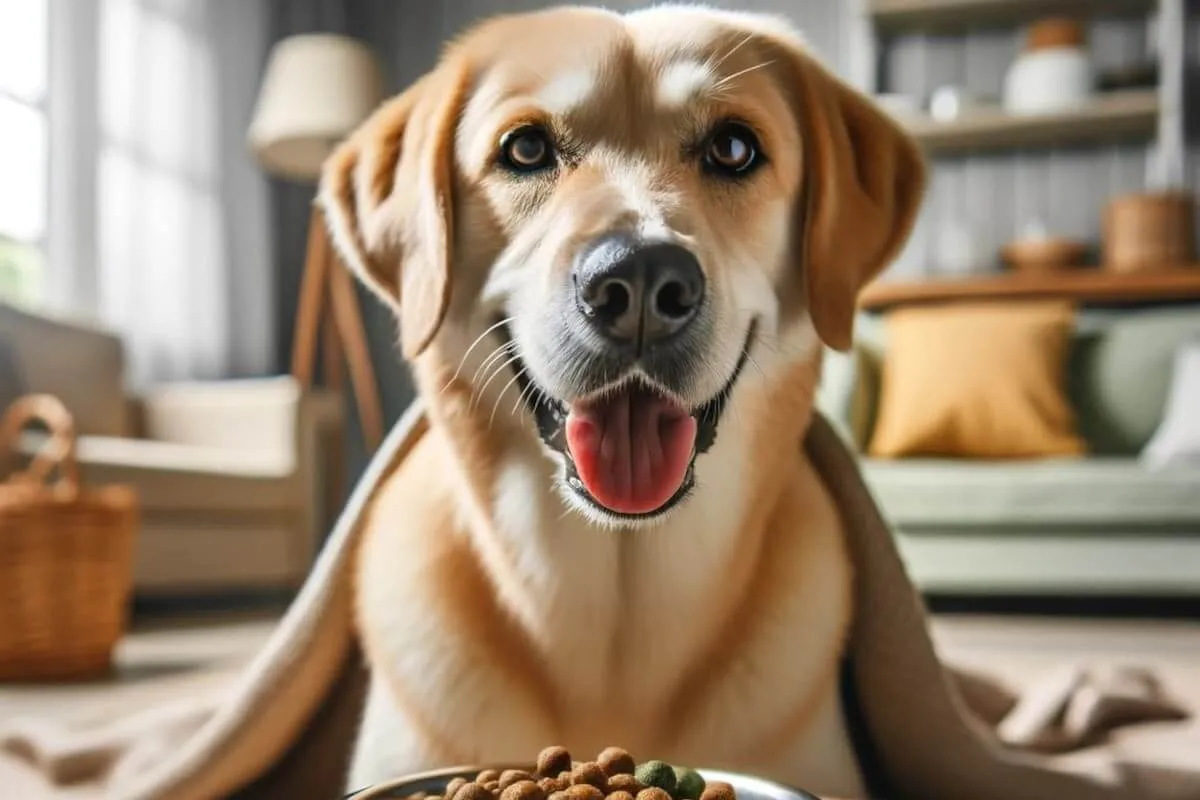 Pies z właścicielem czytającym etykietę karmy z lupą