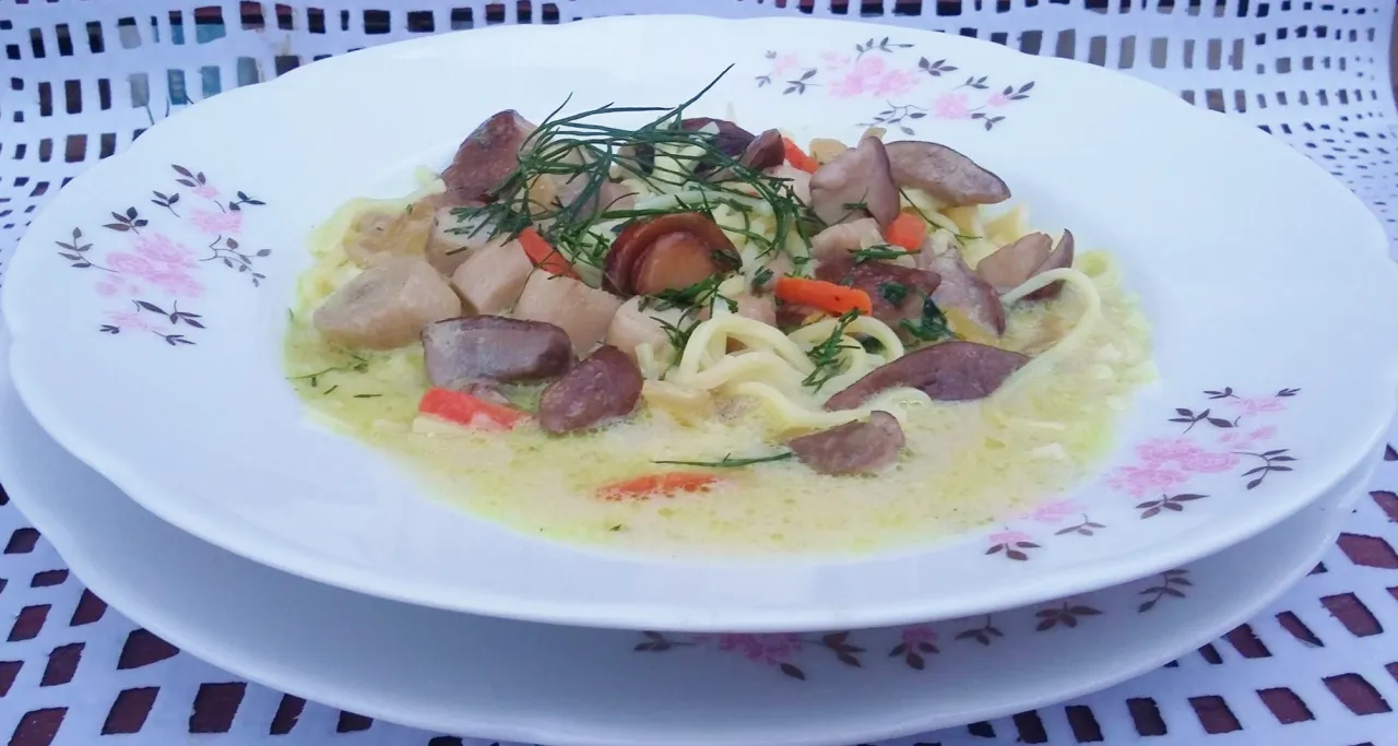 gotowa zupa grzybowa z makaronem, talerz zupy grzybowej z koperkiem