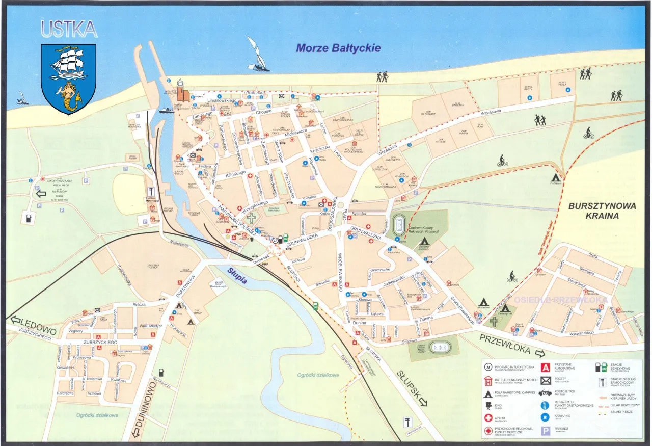 Mapa Ustki z zaznaczonymi parkingami i atrakcjami