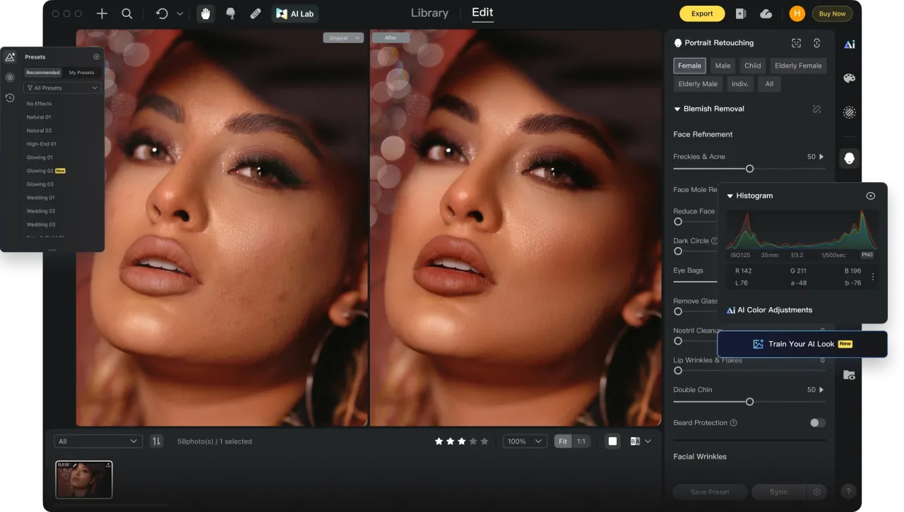 Aplikacja do wyostrzenia zdjecia: porównanie przed i po retuszu portretu kobiety, z widocznymi opcjami edycji twarzy.