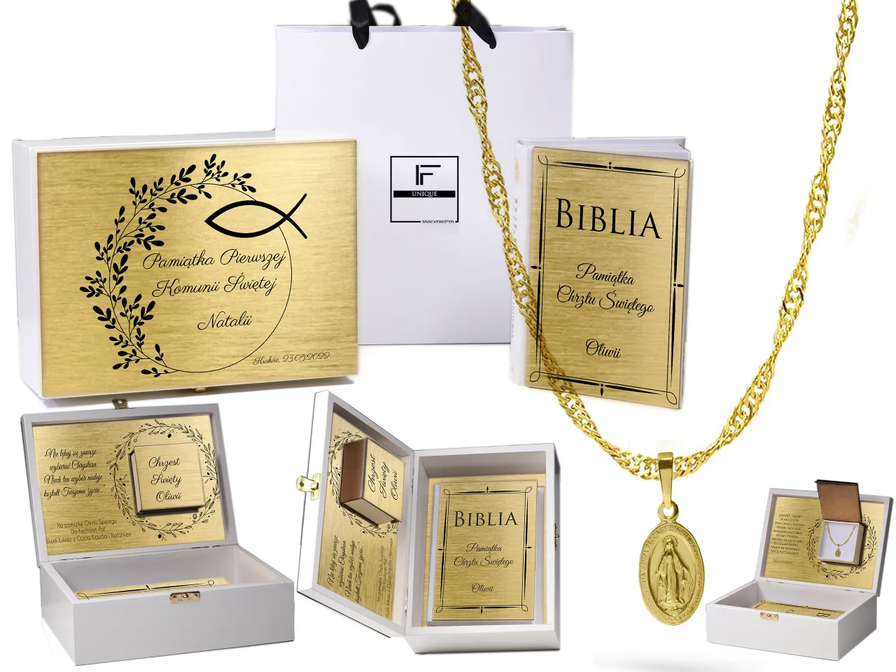 tradycyjne pamiątki chrztu świętego złoty medalik biblia srebrna łyżeczka