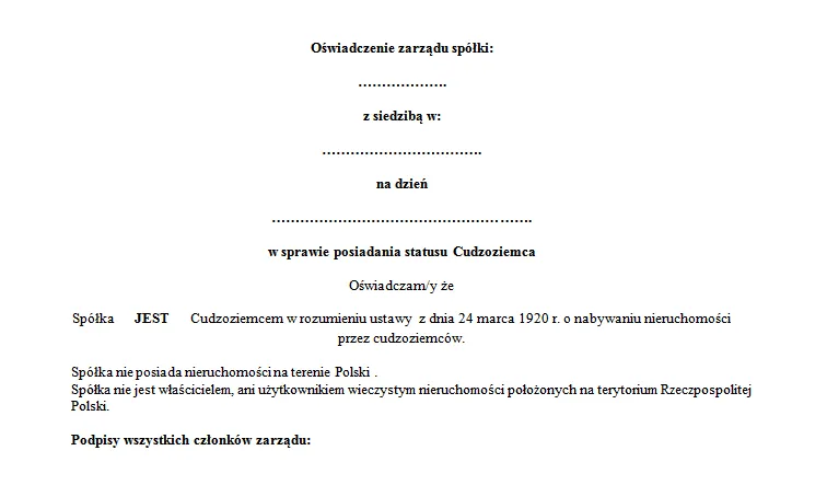 Wz&oacute;r oświadczenia o statusie cudzoziemca dla sp&oacute;łki