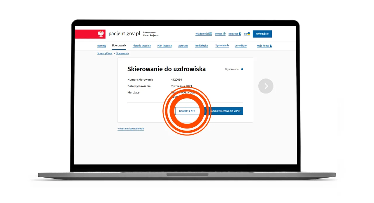 Na ekranie laptopa widzisz stronę pacjent.gov.pl, gdzie można sprawdzić, jak sprawdzić która jestem w kolejce do sanatorium.