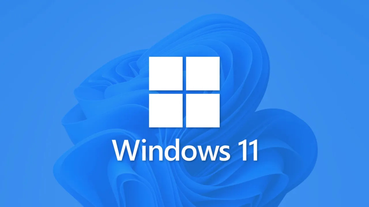Logo Windows 11 na niebieskim tle z falistym wzorem.