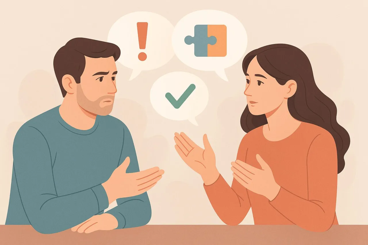 Rozmowa o braku empatii. On z wykrzyknikiem, ona z puzzlem i zielonym zaznaczeniem.