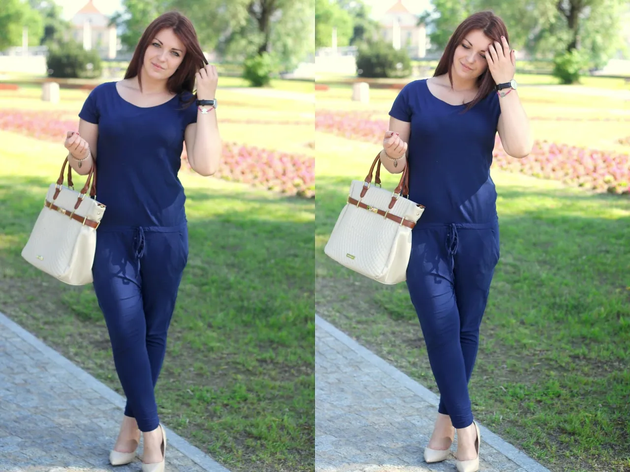 Kobieca stylizacja: granatowy kombinezon i beżowe szpilki. Idealne buty do granatowego kombinezonu na co dzień.