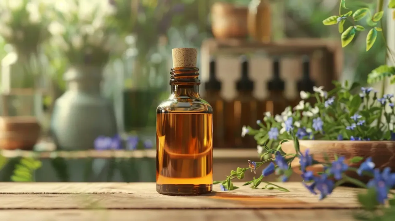 Bursztynowy olej w butelce, otoczony zielenią i kwiatami. Czy olej lniany obniża cholesterol? Naturalne składniki dla zdrowia.