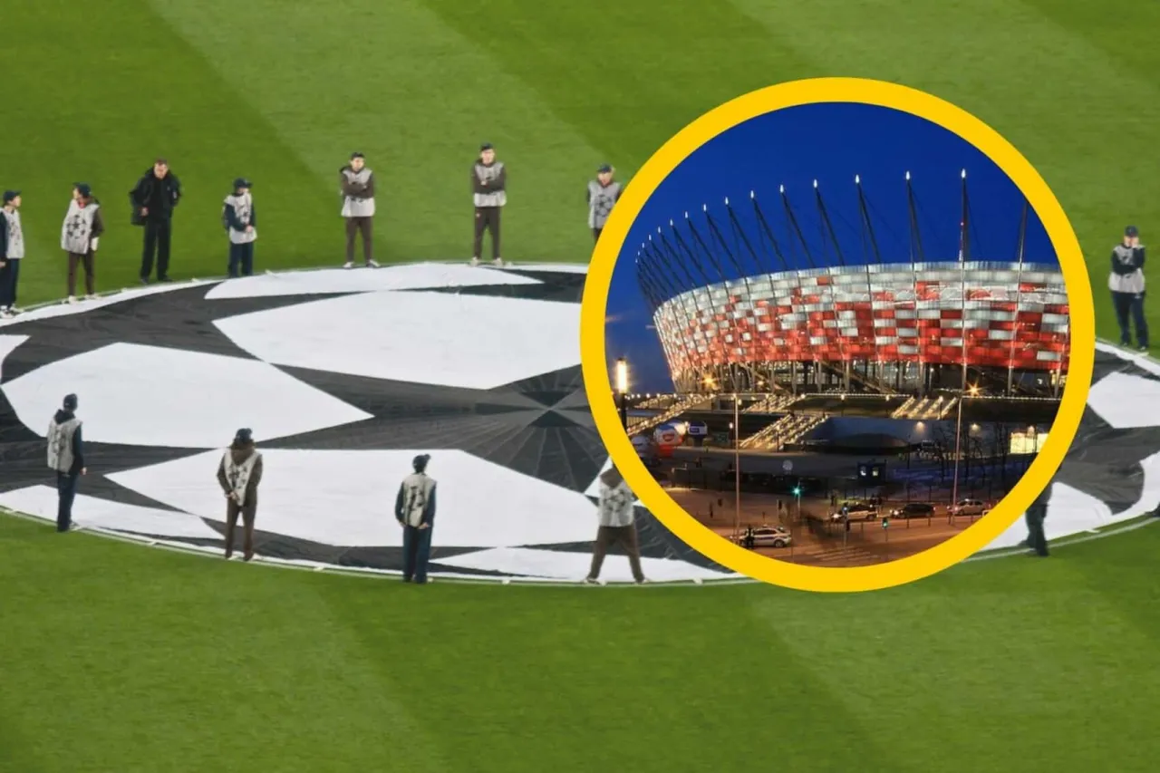 Stadion Narodowy w Warszawie, gdzie odbędzie się finał Ligi Mistrz&oacute;w, nocą. Na pierwszym planie wielka gwiazda Ligi Mistrz&oacute;w.