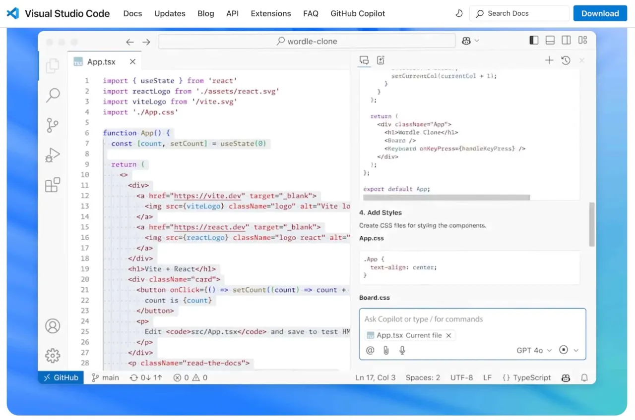 Kod w Visual Studio Code, gdzie pisać html i inne pliki projektu. Widok edytora kodu z plikiem App.tsx i podglądem CSS.