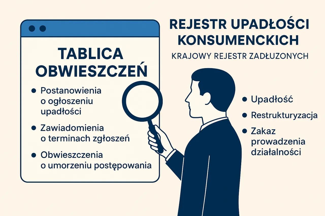 Tablica obwieszczeń w Rejestrze Upadłości Konsumenckich. Gdzie złożyć wniosek o upadłość konsumencką? Sprawdź informacje o postanowieniach, zawiadomieniach i obwieszczeniach.