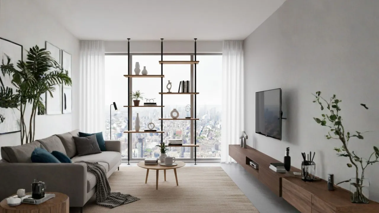 aranżacja długiego salonu podział na strefy