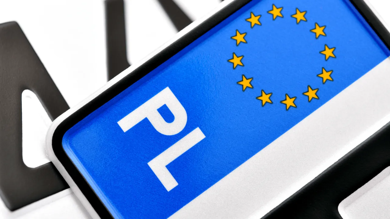 Zbliżenie na tablice rejestracyjne leasingowe z symbolem PL i gwiazdami UE.