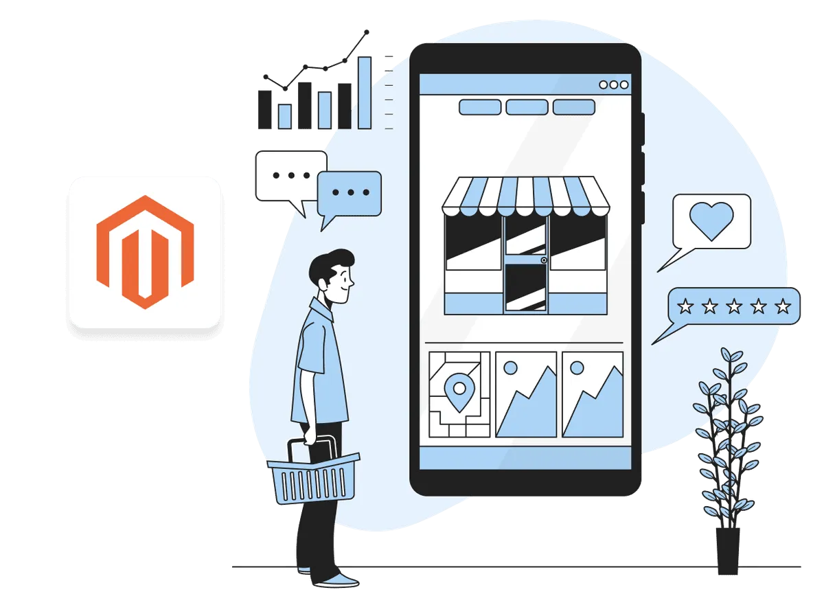 Grafika przedstawia logo Magento i ilustrację klienta z koszykiem, który przegląda sklep na smartfonie. To symbolizuje pozycjonowanie Magento.