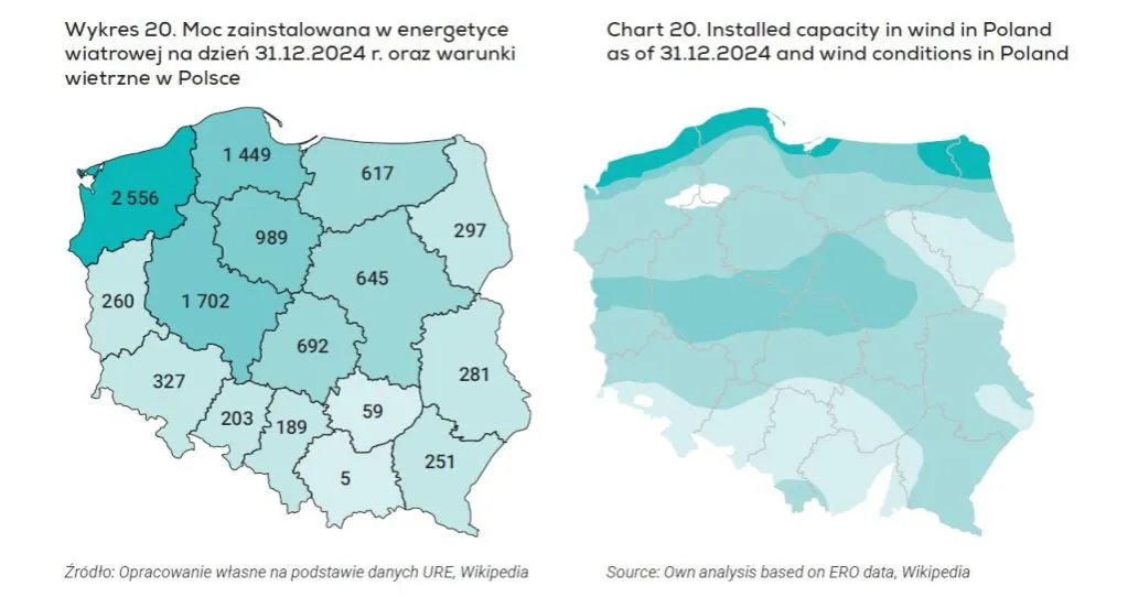 Mapa farm wiatrowych w Polsce województwa moc zainstalowana