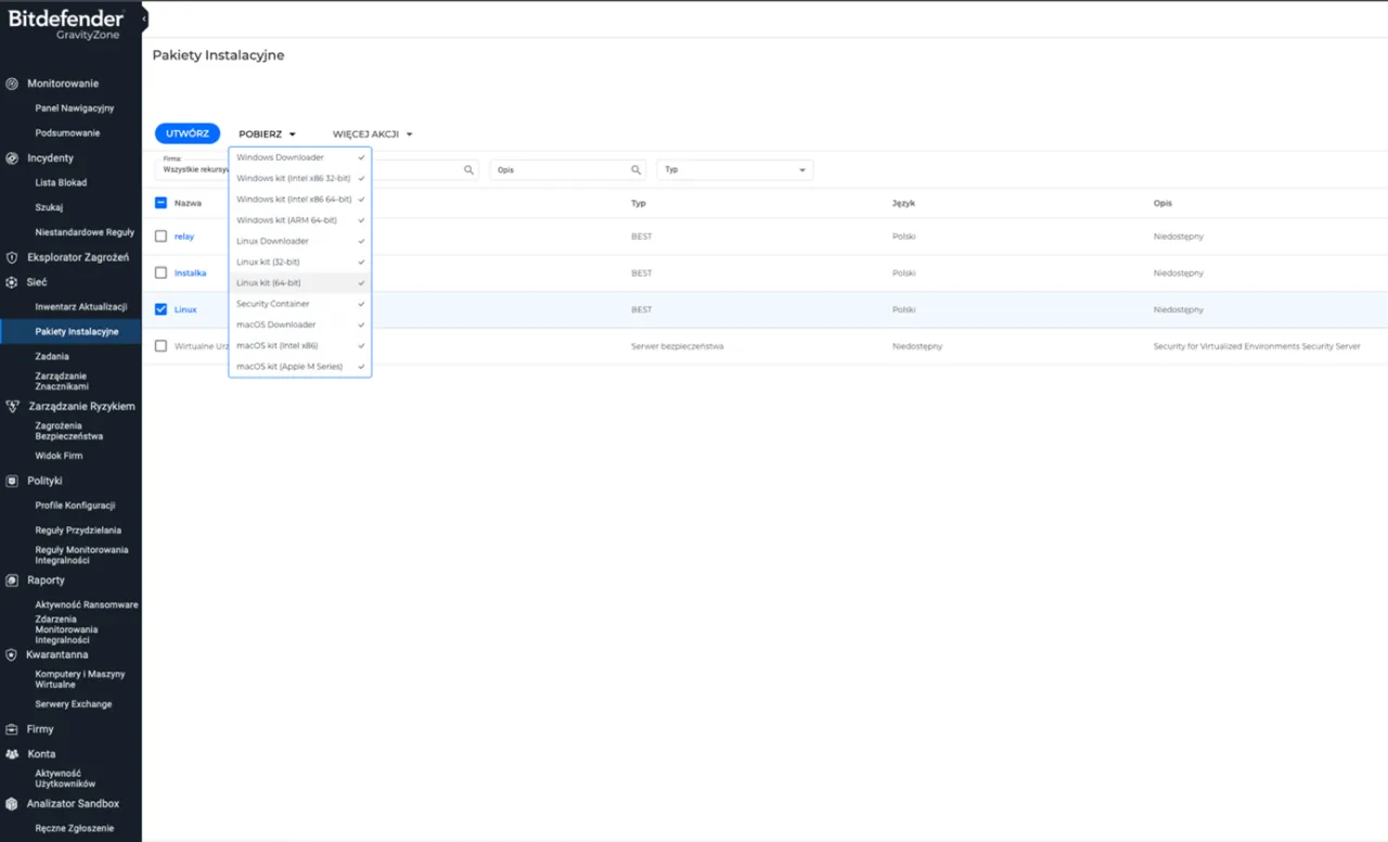 Panel instalacyjny Bitdefender. Wybrano pakiet 
