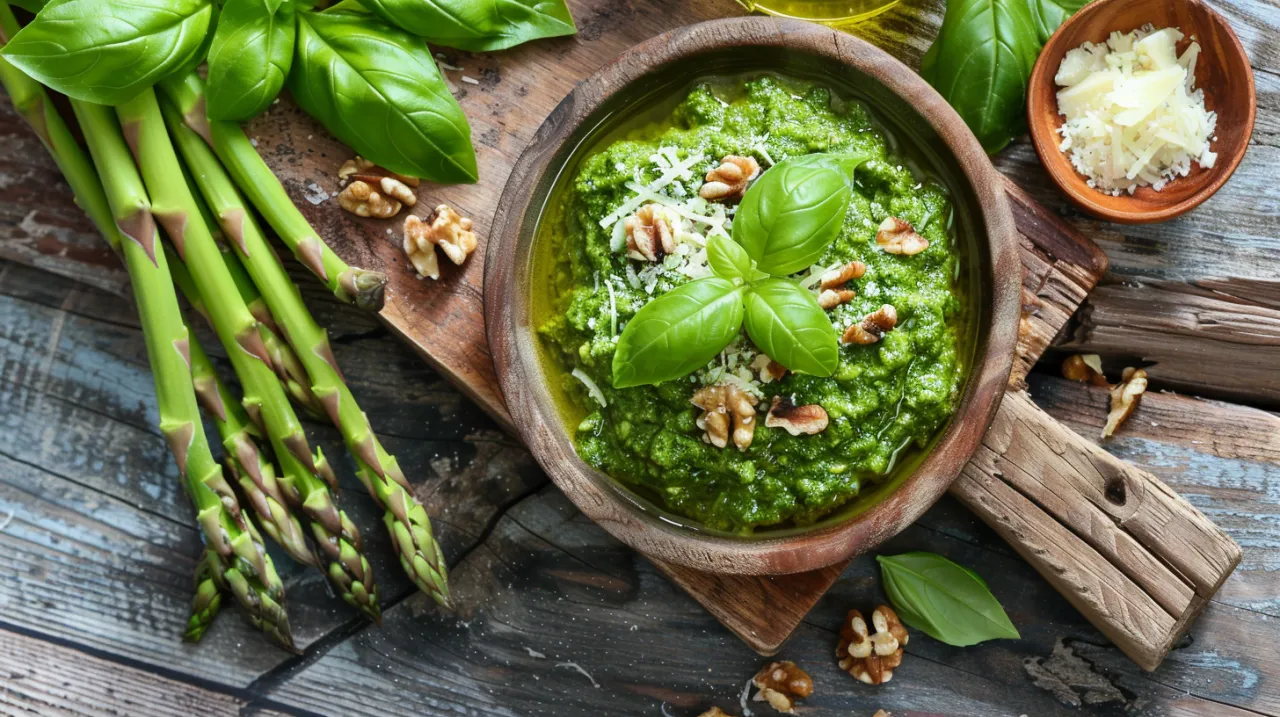 Zdjęcie Pesto z bazylii, szparagów, orzechów włoskich i parmezanu