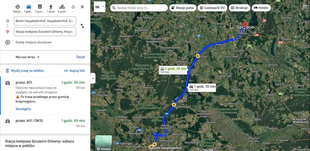 Mapa trasy Szczecin Berlin samochodem pociągiem