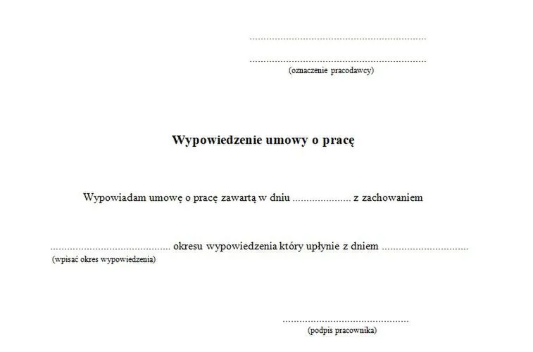 dokument wypowiedzenia umowy o pracę, podpis, pieczęć