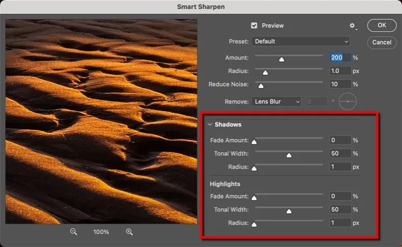 Photoshop Smart Sharpen dialog box