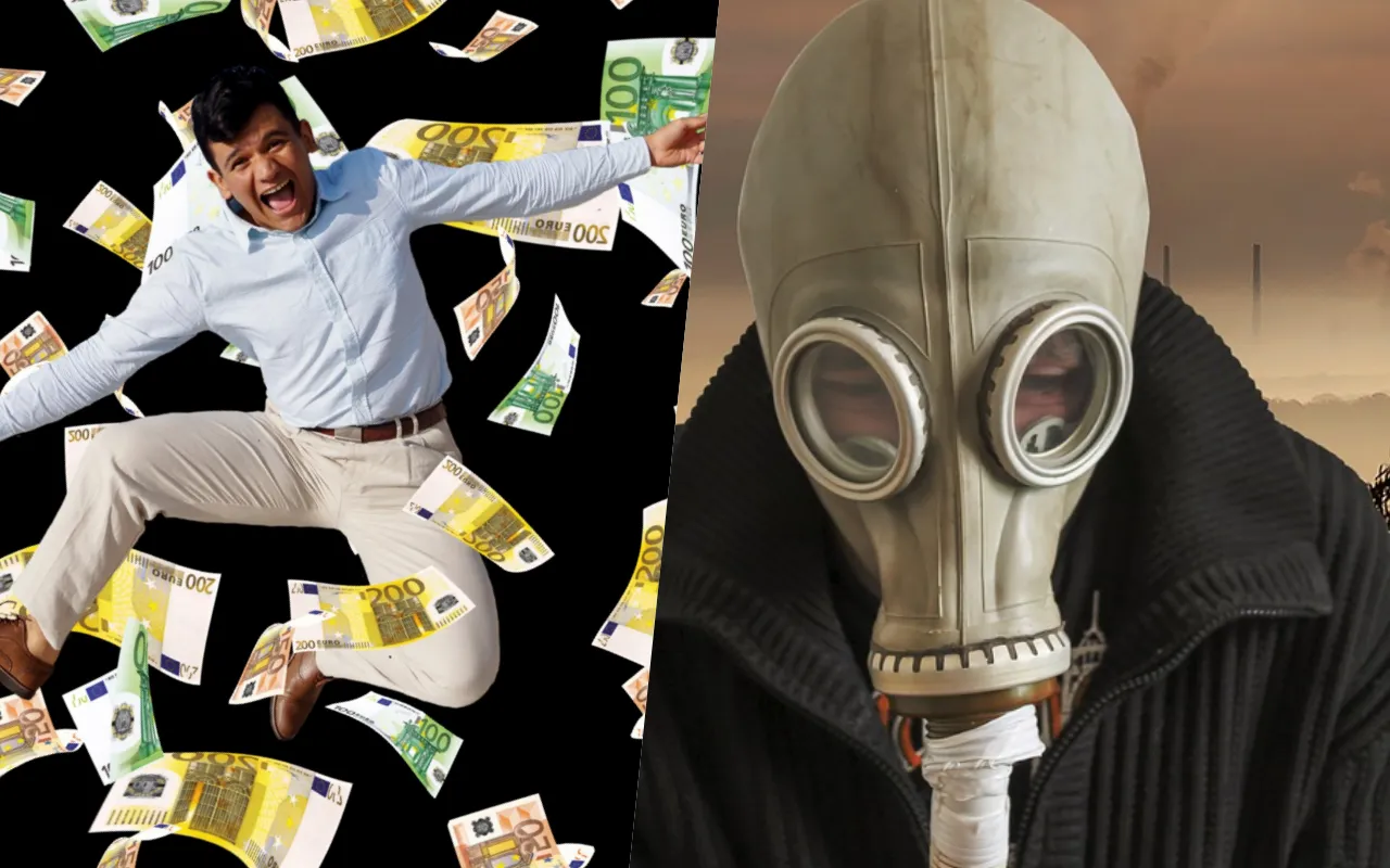 Szczęśliwy mężczyzna w deszczu euro kontra osoba w masce gazowej. Co jeśli nie stać mnie na wymianę pieca?