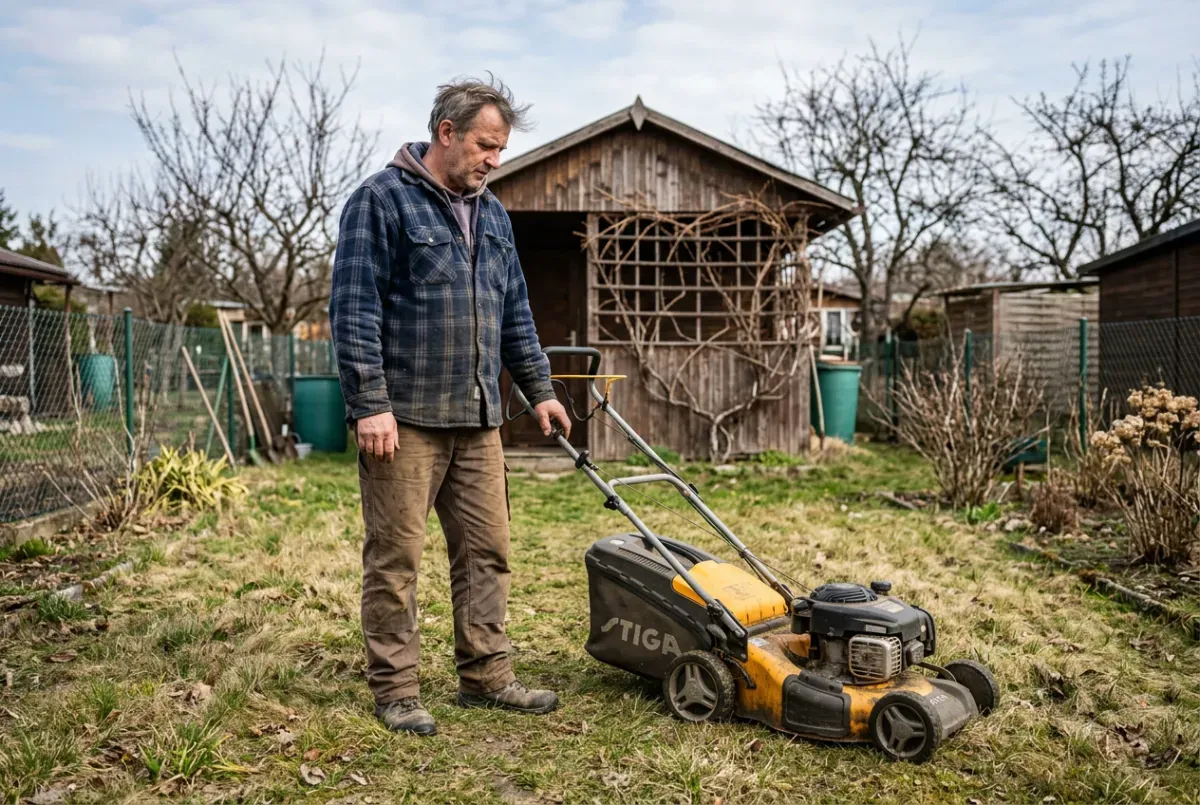 Mężczyzna z kosiarką w ogrodzie, przygotowuje się do prac. Czas pomyśleć, kiedy dosiewać trawę na nowym trawniku.