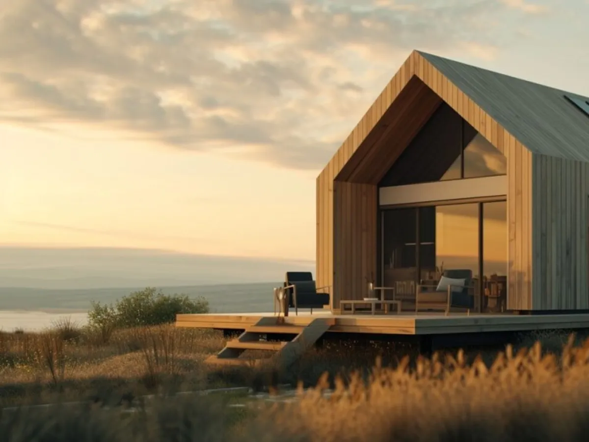 Nowoczesny dom modułowy, co to? Drewniana chata z tarasem i widokiem na zachód słońca. Idealne miejsce na odpoczynek.