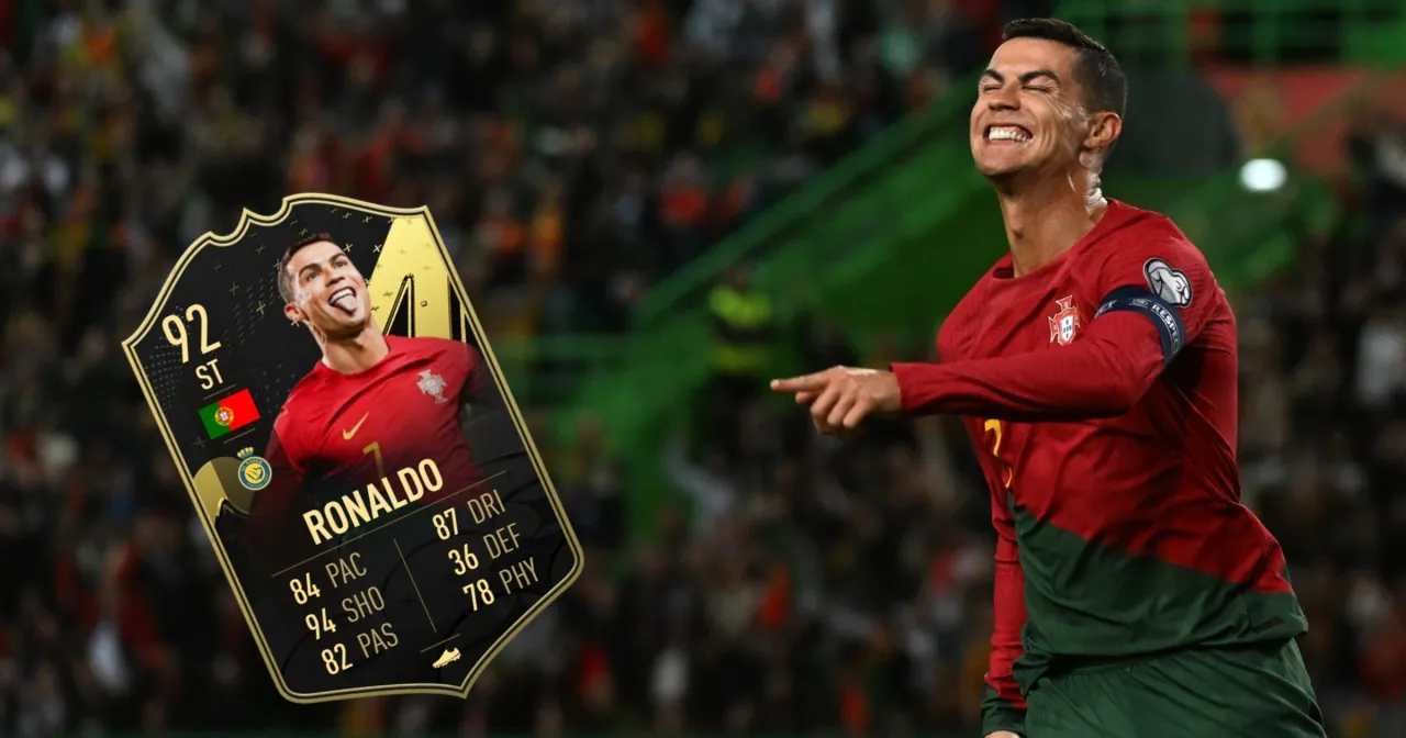 Karta Cristiano Ronaldo 92 ST z gry FIFA 23, gdzie gra w barwach Portugalii.
