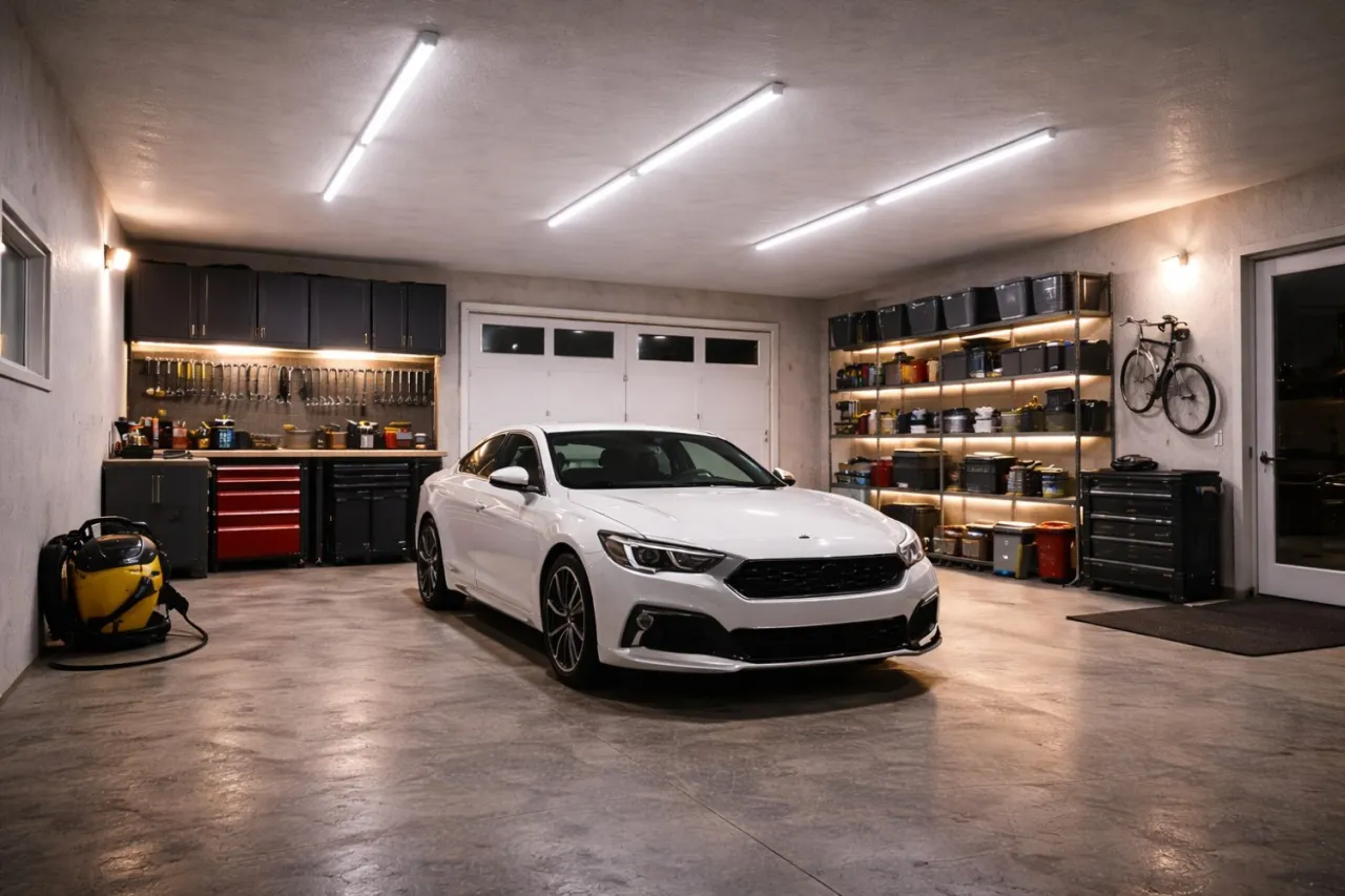 Jasne, oto opis:

Nowoczesny garaż z białym samochodem, p&oacute;łkami pełnymi narzędzi i rowerem na ścianie. Długie, liniowe lampy sufitowe zapewniają idealne, jakie oświetlenie do garażu.