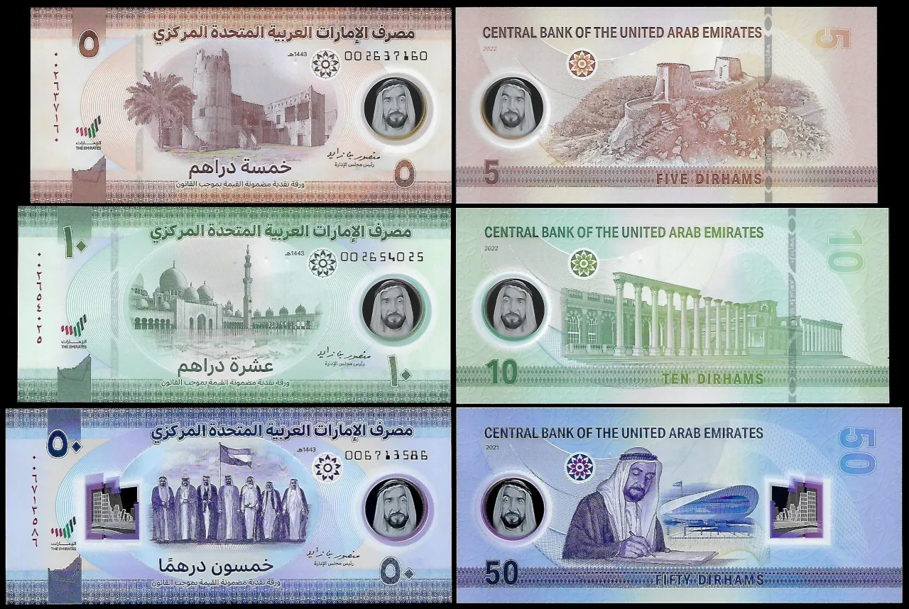 Banknoty i monety dirham ZEA
