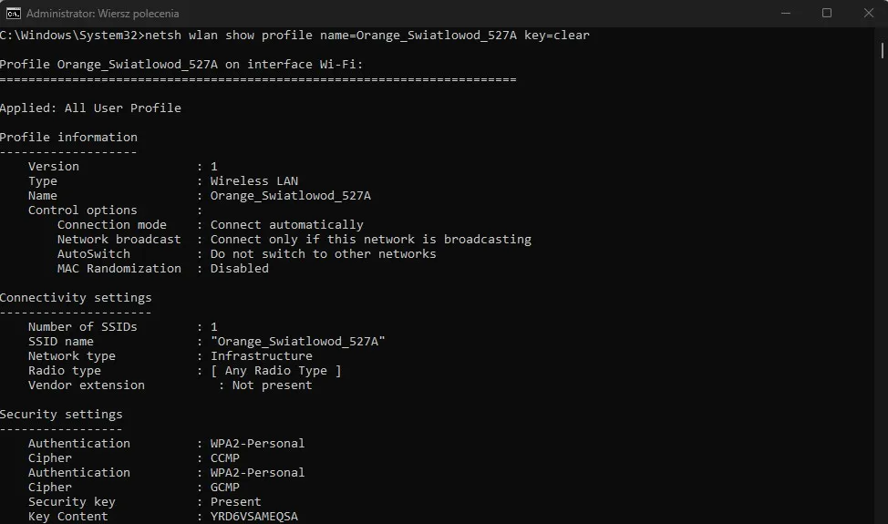 Wiersz poleceń cmd odzyskiwanie hasła wifi