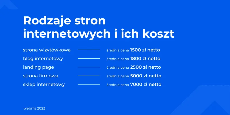 rodzaje stron internetowych i ich ceny grafika