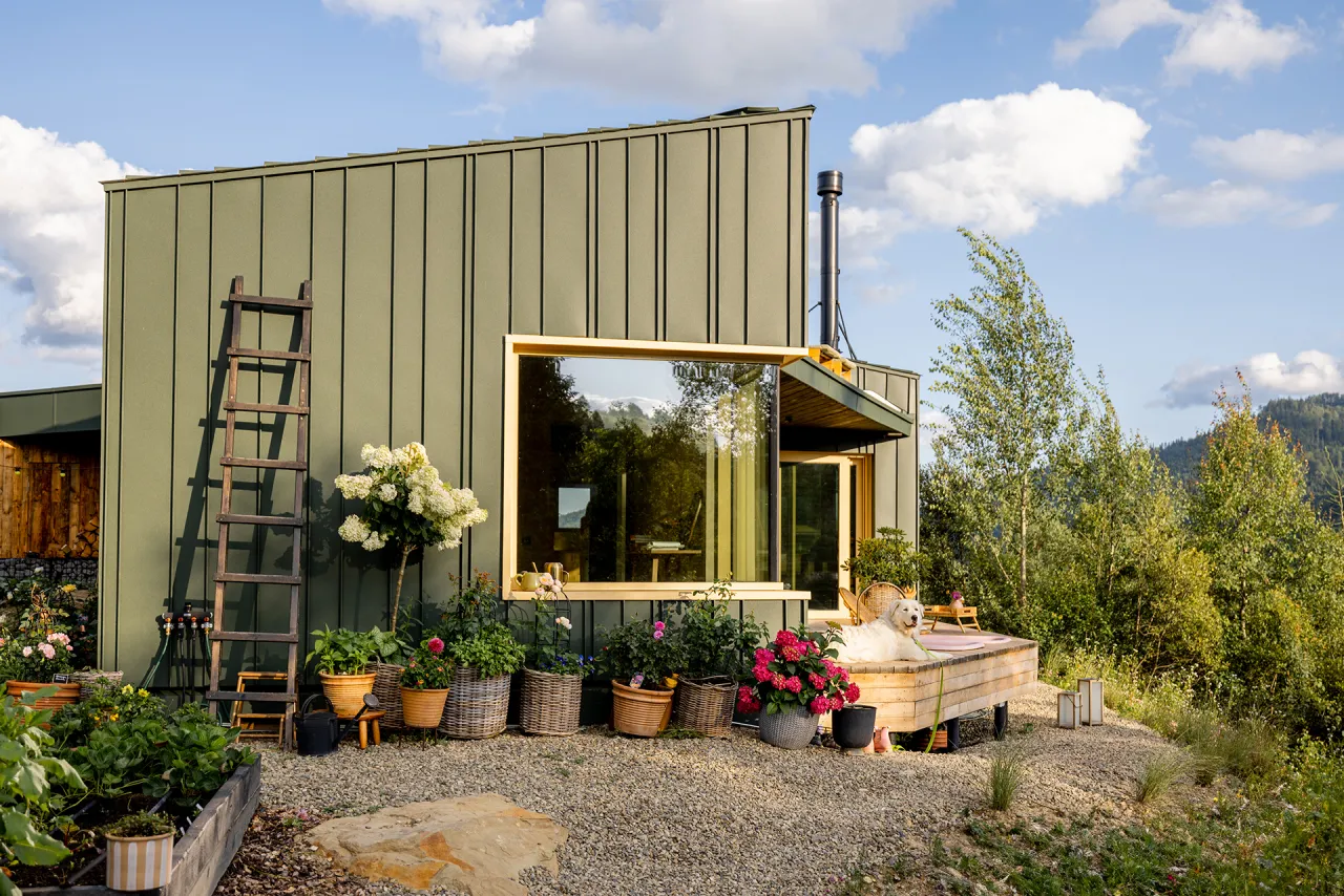 Zielony domek z tarasem i psem. Wokół mnóstwo kwiatów w donicach. Idealne miejsce, na które nie trzeba pozwolenia na budowę.