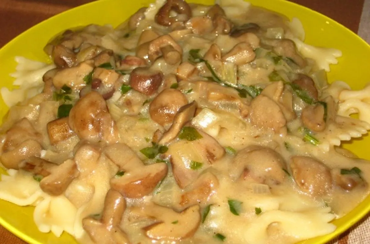 sos z maślak&oacute;w z makaronem i mięsem