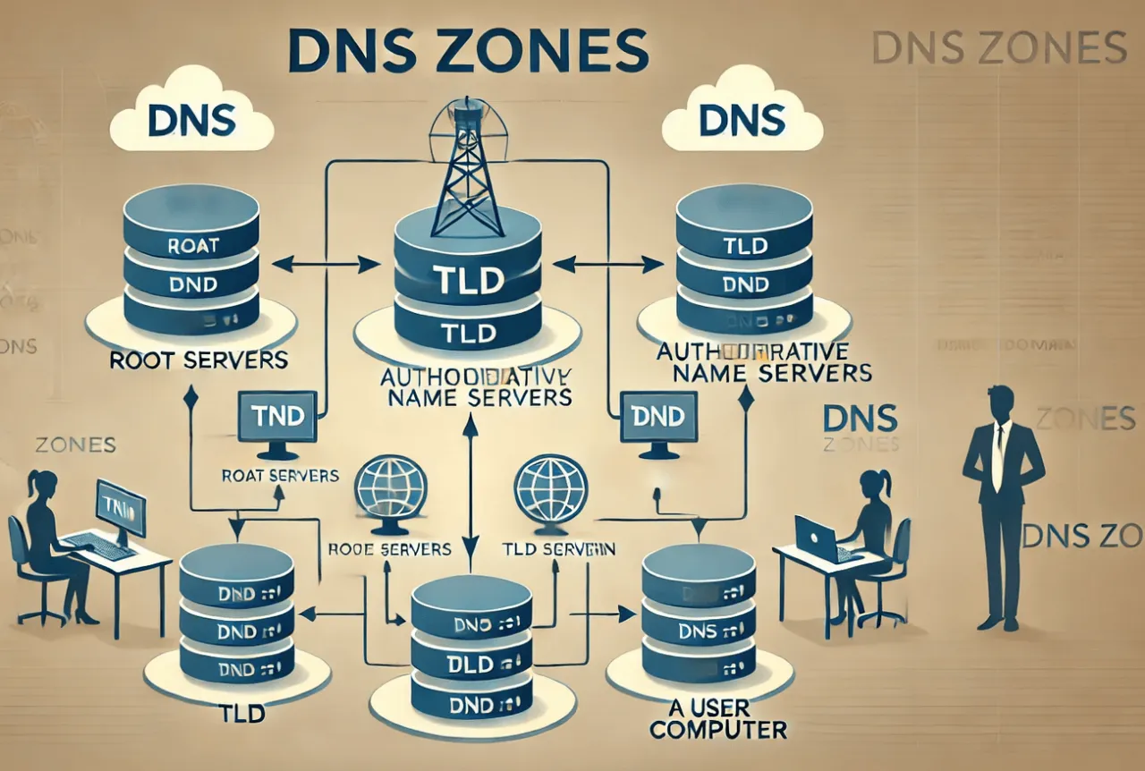 Schemat DNS pokazuje, jak sprawdzić IP domeny, od serwer&oacute;w root po komputer użytkownika.
